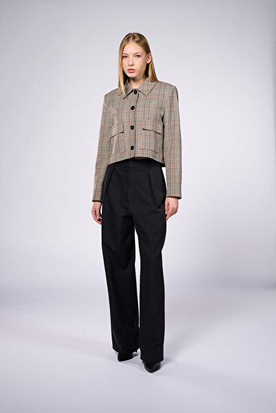 Thalure Women's Brown Plaid Crop Blazer