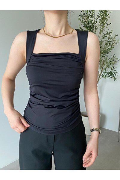 Bade Butik Black Square Collar Draped Lycra Blouse