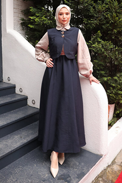 İmajButik Set de rochie combinată cu vestă elastică în talie, albastru marin