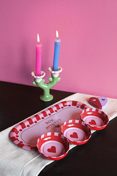 Sarkap Home 3'lü Çerezlik ve Sunumluk Tepsi Seti - Bon Appetit Kırmızı