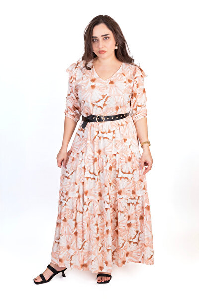 LINELLE Brown & White Abstract Floral Printed Layered Maxi Dress