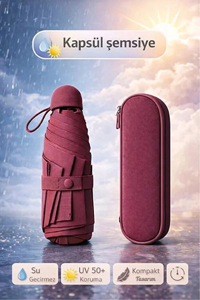 Rosemor Şemsiye Kapsül Otomatik Aç Kapa Rüzgara Dayanıklı Taşıma Kılıflı Mini...
