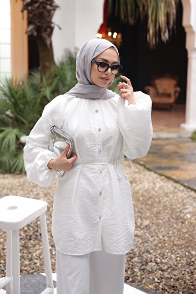 İmajButik Ecru Balloon Sleeve Belted Shirt