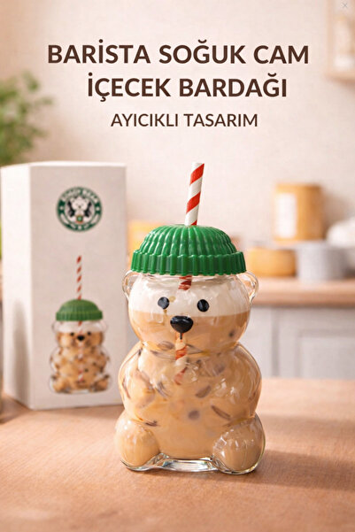 matheon Teddy Bear Design Barista Glass Cold Drink Cup with Straw and Lid 500 ml