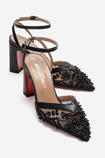 CCWAY AYAKKABI Women's Mirrored Beaded Mesh Open-Back Heeled Shoes Black Skin