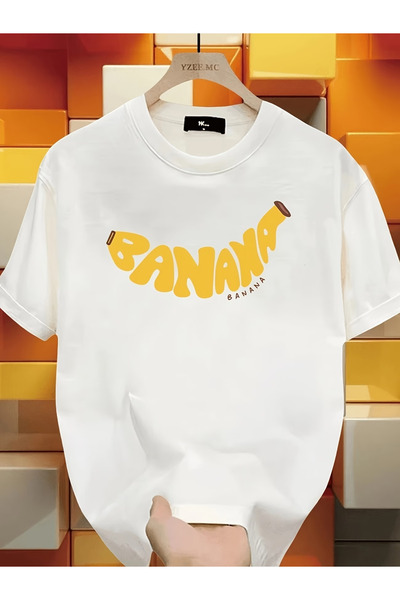 ELAN WEAR تيشيرت أبيض للجنسين، بنقشة موز ، مطبوع من قطن، مقاس كبير، مناسب للن...