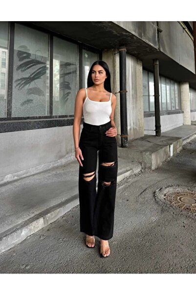 KENE JEANS Double Knee Laser Ripped Wide Leg Jeans