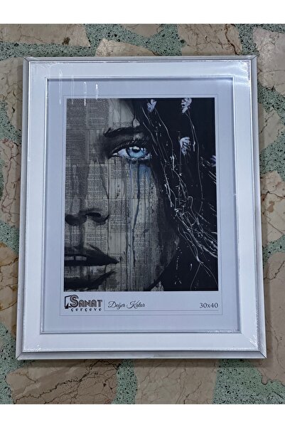 SANAT ÇERÇEVE 30x40 Beyaz-Gümüş Çizgili Cam Çerçeveli Modern Sanat Tablosu – ...
