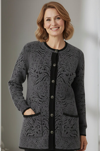 Laden Knitwear Angora Women's Plus Size Winter Thick Soft Mother Gray Cardigan