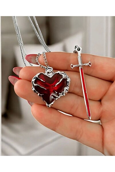 Yuchicly The Power of Our Love Heart & Long Metal Figure 2-Piece Couple Neckl...