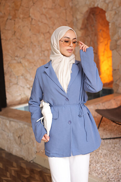 İmajButik Indigo Buttoned Lined Jacket with Rope Detail