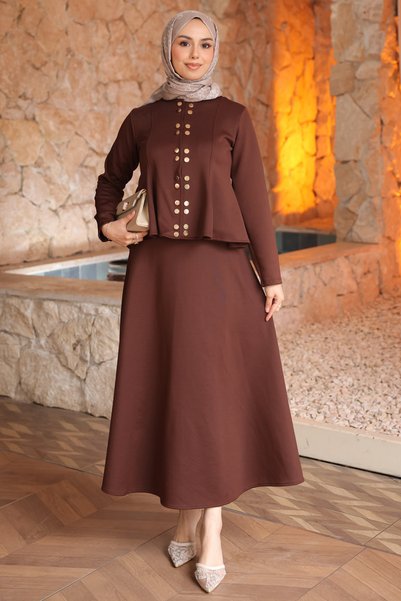 İmajButik Costum scuba maro cu fustă și bluză cu volane