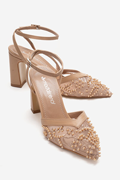 CCWAY AYAKKABI Women's Mirrored Beaded Mesh Open-Back Heeled Shoes Nude Skin