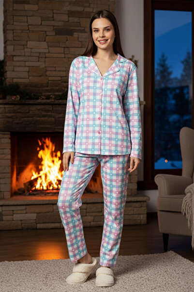REMSA Women's Plaid Pattern Buttoned Front Suprem Pajama Set 0549 White01