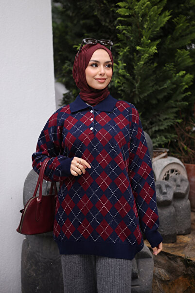 İmajButik Navy Blue Polo Collar Diamond Patterned Knit Sweater