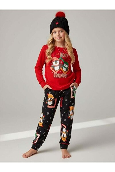 Zekids Set de pijamale din bumbac pentru fete, cu imprimeu Best Friends Penguin