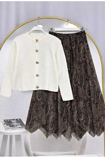 MODA VEDAT Women's Shawl Pattern Asymmetrical Cut Skirt - Heart Buttoned Knit...