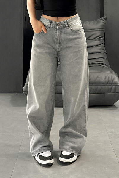 deniva Kadın Oversize Yıkama Detaylı Wide Leg Retro Baggy Gri Kot (Denim) Pantolon