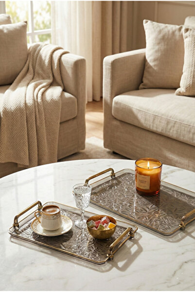 Le Paon مجموعة من 2 صينية تقديم بمظهر كريستالي ومقابض ذهبية - صينية تقديم أني...