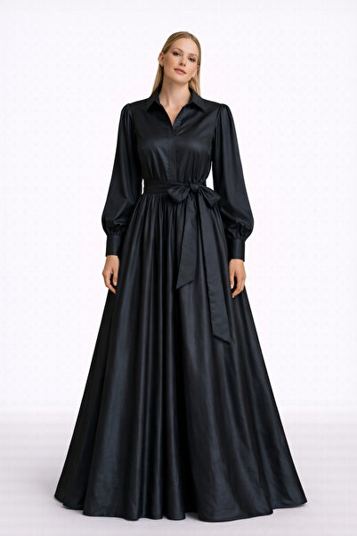 UNTIMELY Black Taffeta Maxi Shirt Dress with Balloon Sleeves & Mobile Belt