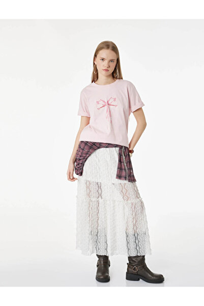 Koton Γυναικείο T-Shirt με στάμπα φιόγκου σε ροζ χρώμα 6SAK50065EK