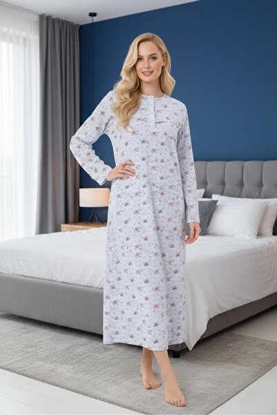 Lohusa Homewear Women's Blue Buttoned Floral Patterned Long Sleeve Cotton Plu...