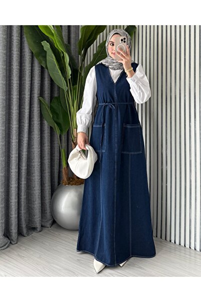 Molly Nelly Γυναικείο τζιν φόρεμα με λουράκια και τσέπες σε σκούρο μπλε