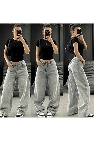 deniva Washed Detailed Wide Leg Retro Baggy Jean Gray -The Solo