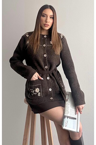 fujya Soft Textured Contrast Embroidery Wool Blend Belted Knitwear Cardigan