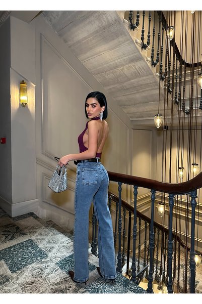 vesantia Kadın Bel & Paça Taş İşlemeli Yüksek Bel Likralı Palazzo Fit Jean