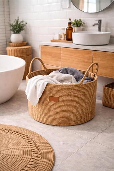 Öz-Tex Home Ютена плетена кошница за пране с капак, 40x40 см кошница за мръсн...