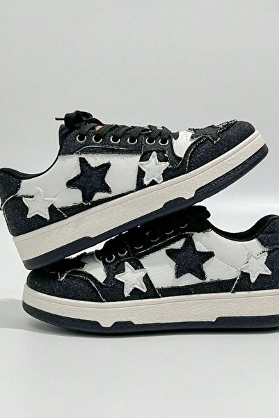 İlayda Toprak Astra Siyah Unisex Yıldız Nakışlı Desenli Casual Bağcıklı Rahat...