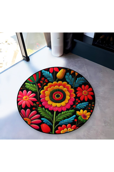Rugs Modern Halı Mira Round Multicolored Flowers Woven Base Modern Decorative...