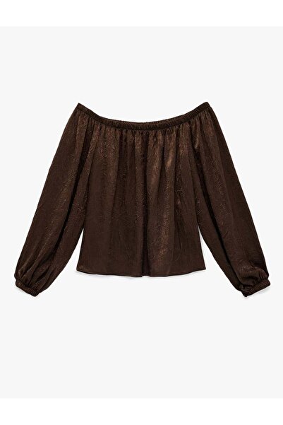 Koton Uzun Balon Kollu Açık Omuz Dokulu Saten Bluz