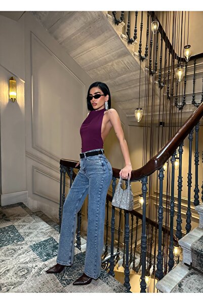 Ağgez Women's Stoned High Waist Palazzo Fit Jeans