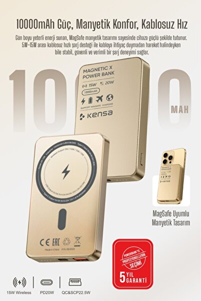 Kensa MagSafe Uyumlu Manyetik Kablosuz Power Bank 10000 mAh PD 20W Metal Gövd...