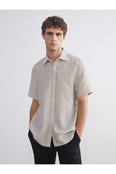 LC Waikiki Nevavm Regular Fit Short Sleeve Striped Muslin Men's Shirt with Di...