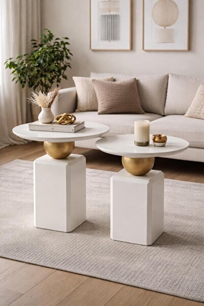 Gold Design OBLİX krem-Gold kombini ikili takım lake mobilya sehpa, zigon