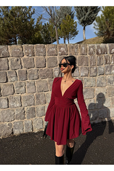 kırmızı butiks Bordo Şortlu Ön Arka V Elbise