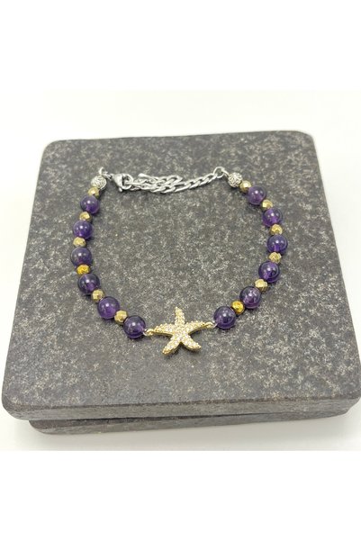 YILDIZ DOĞAL TAŞ Certified Starfish Zircon Apparatus Amethyst - 6mm Natural Stone Bracelet - Adjustable Size