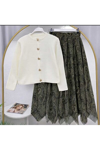 MODA VEDAT Women's Shawl Pattern Asymmetrical Cut Skirt - Heart Buttoned Knit...