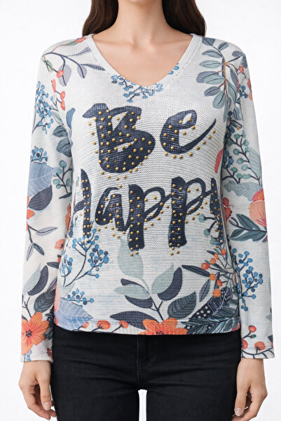 Neden Tekstil "Be Happy" Written Floral Blouse