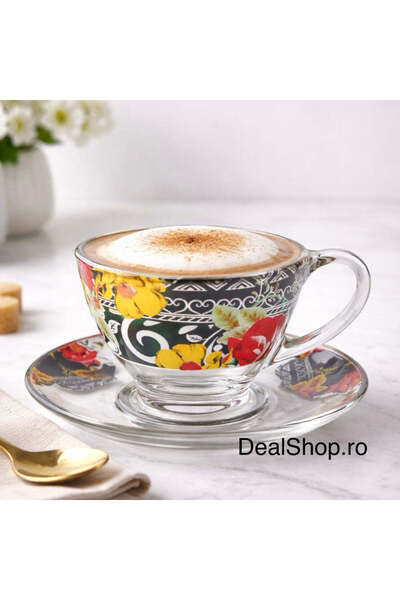 dealshopromania Set of 6 Galaxy Glass Cups 200 ml with Saucers – Elegant Flor...