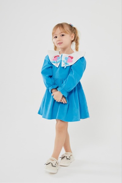 Pinkitokids Heart Embroidered Collar Velvet Dress-Blue