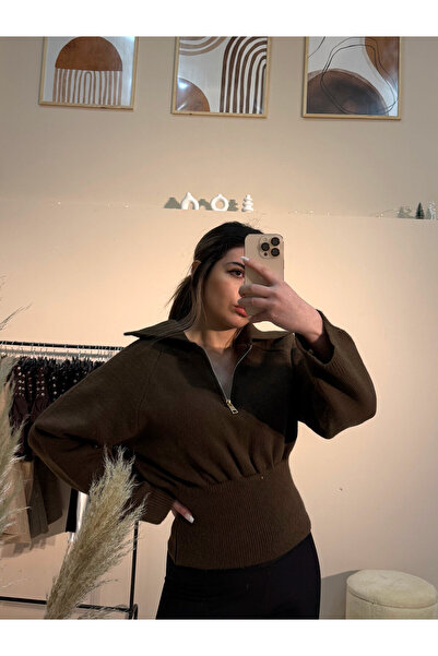 Sude Ay Yaka Fermuarlı Bele Oturan Triko Kazak