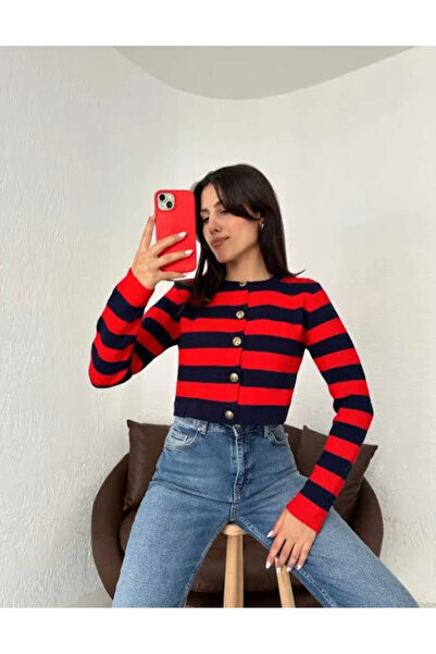 bysoca Women's Red Navy Blue Striped Long Sleeve Crew Neck Gold Buttoned Shor...