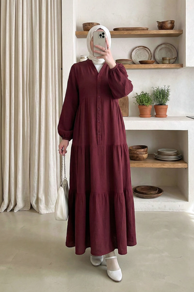 MODAQU Long Muslin Dress with Elastic Sleeves and Pieces - Burgundy