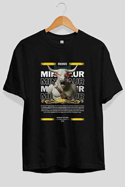 Ankhises Minotaur 2 Mitology Tricou oversize negru imprimat pe față Bărbați F...