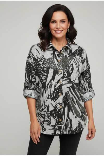 YusGos Women's Single Pocket 4/3 Sleeve Ethnic Patterned Thick Lumberjack Jac...