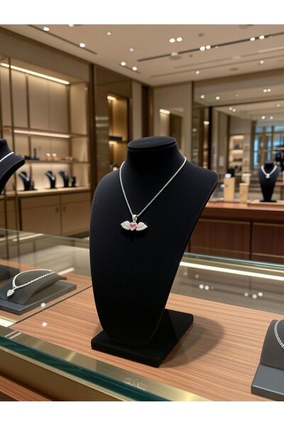 Silver PEMBE KANATLI KALP SÜSLEMELİ 925 AYAR GÜMÜŞ KOLYE